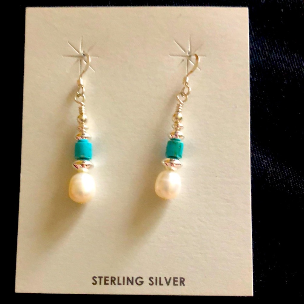 Turquoise Pearl & Sterling Silver Signed Earrings